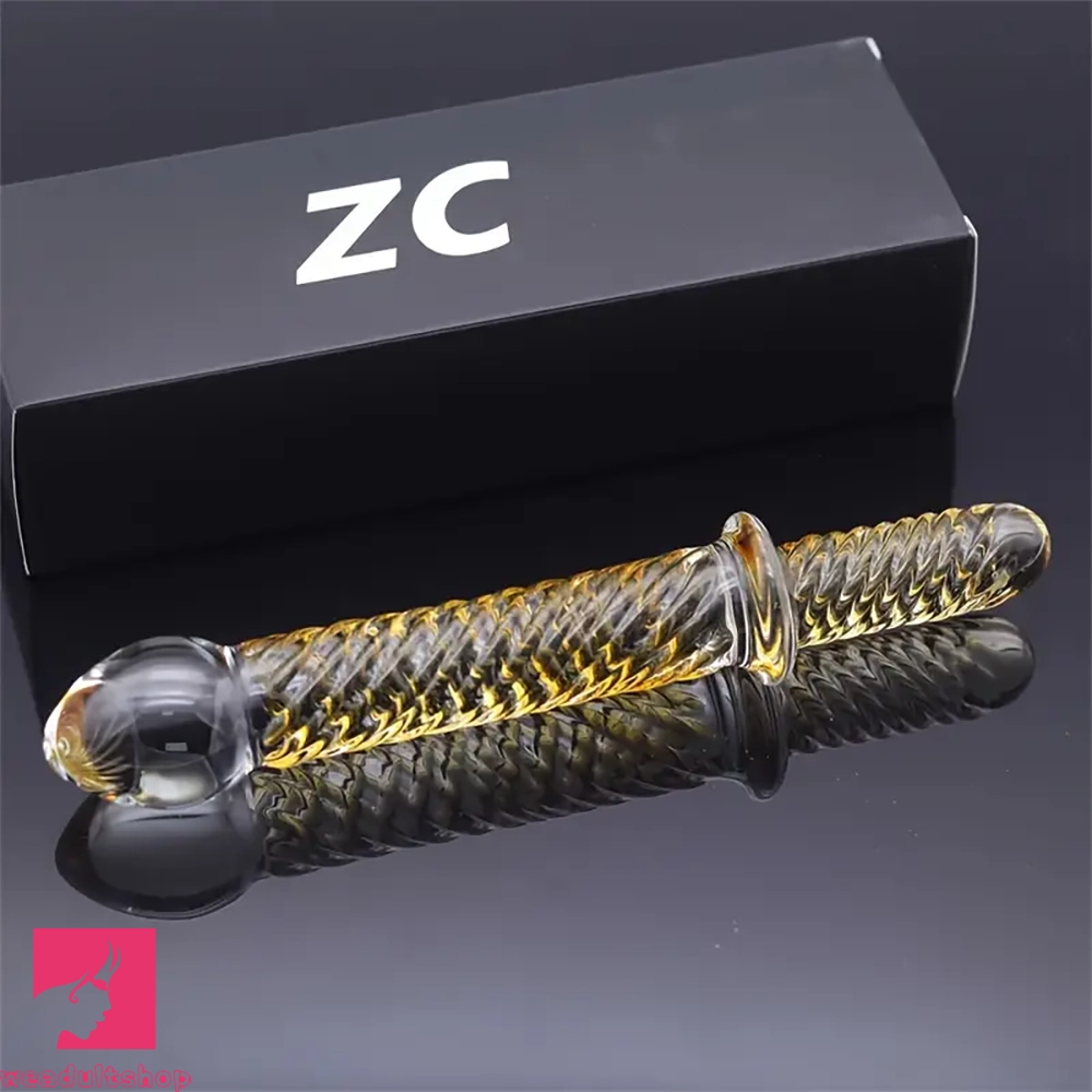 8.7in Golden Pattern Glass Dildo With Handle Sex Toy For Adults