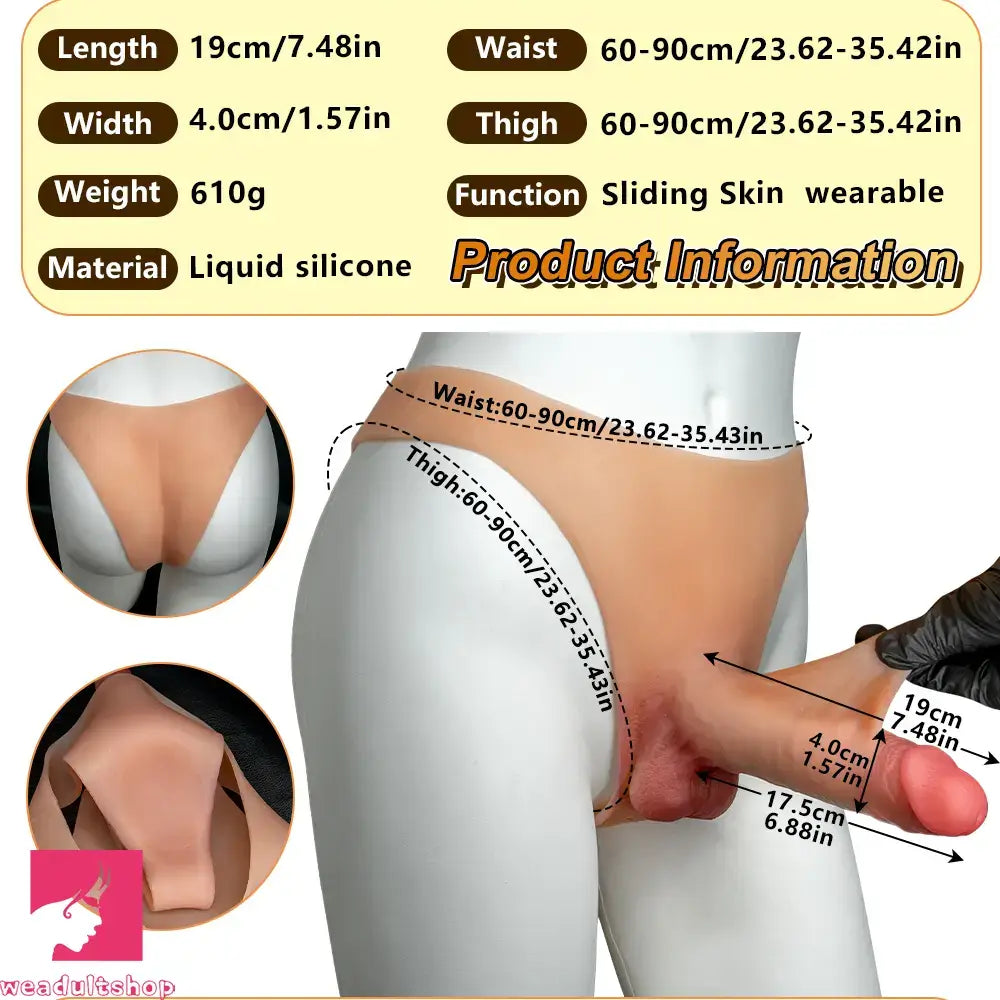 7.48in Solid Penis Strap Dildo Panty Sliding Skin Foreskin Dildo Cock Love