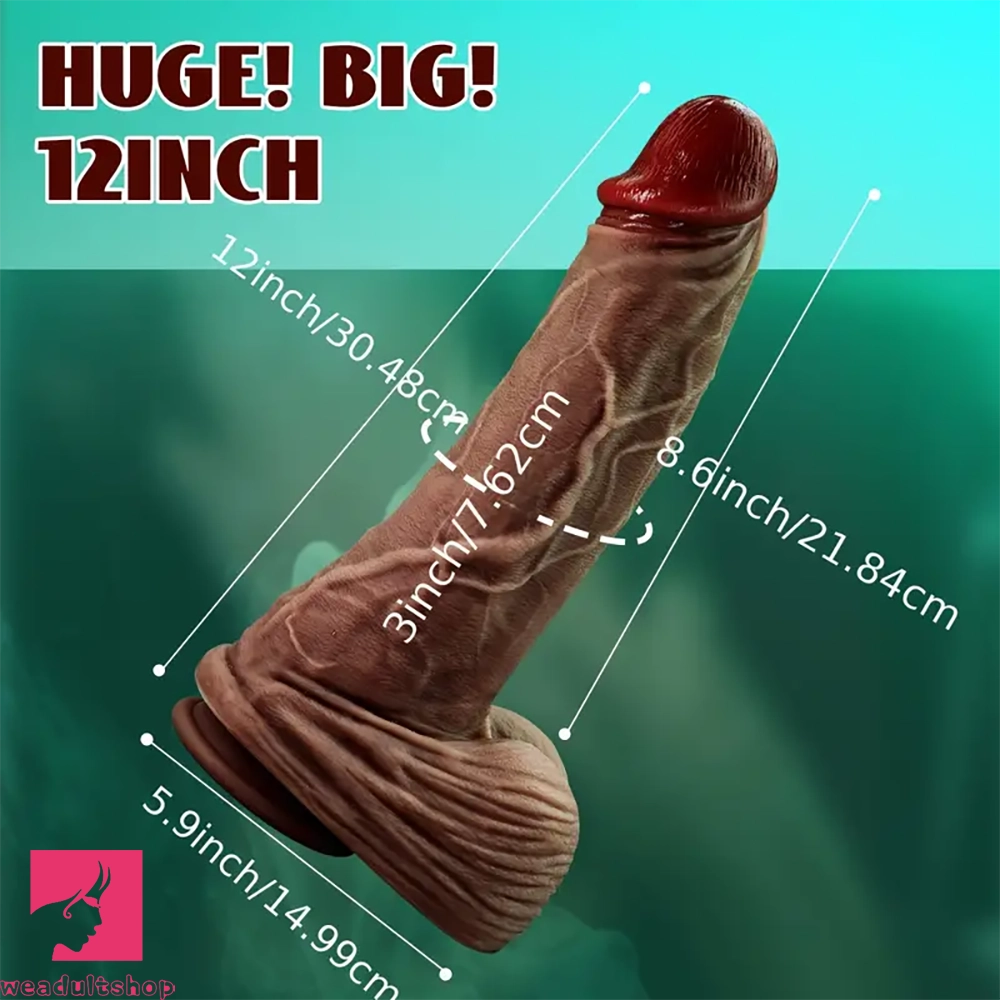 12in Flexible Thick Dong Lifelike Silicone Soft Dual Density Big Cock Dildo