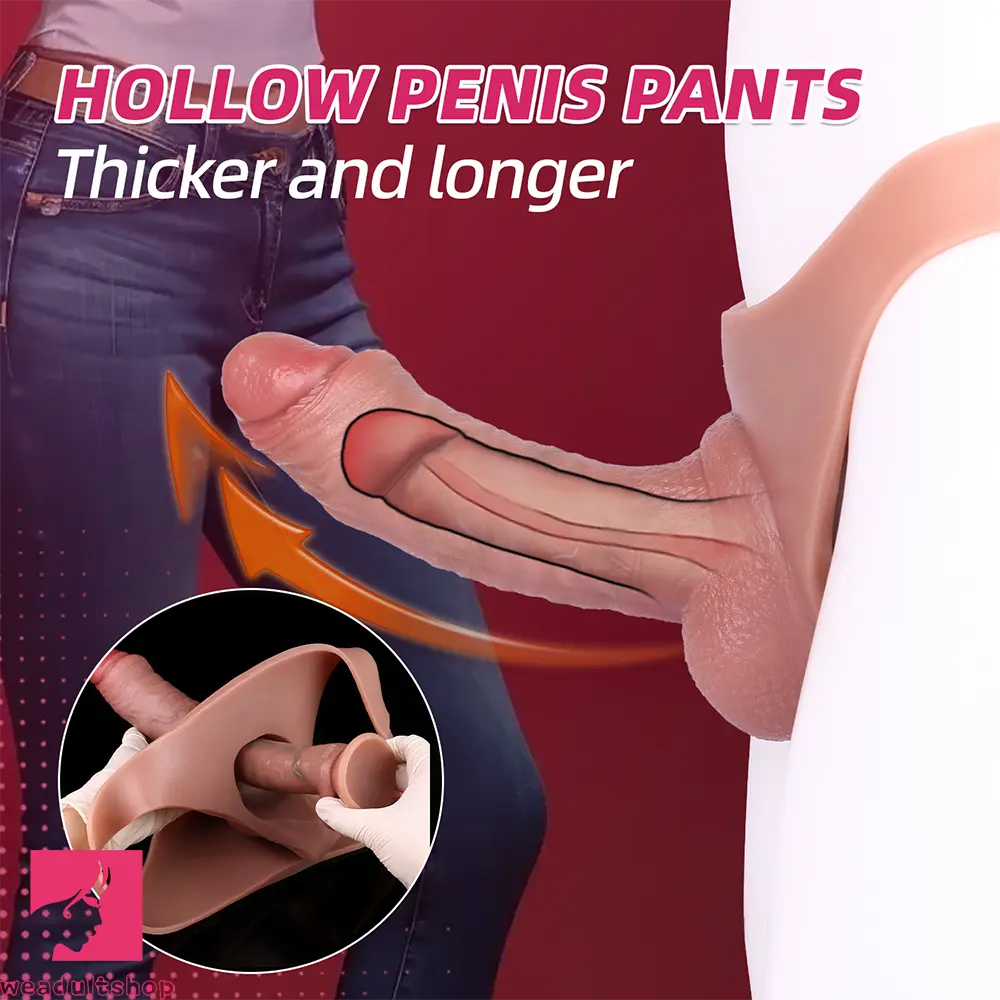 8.27in Wearable Hollow Dildo Pants Silicone Leather Sleeve For Male Penis