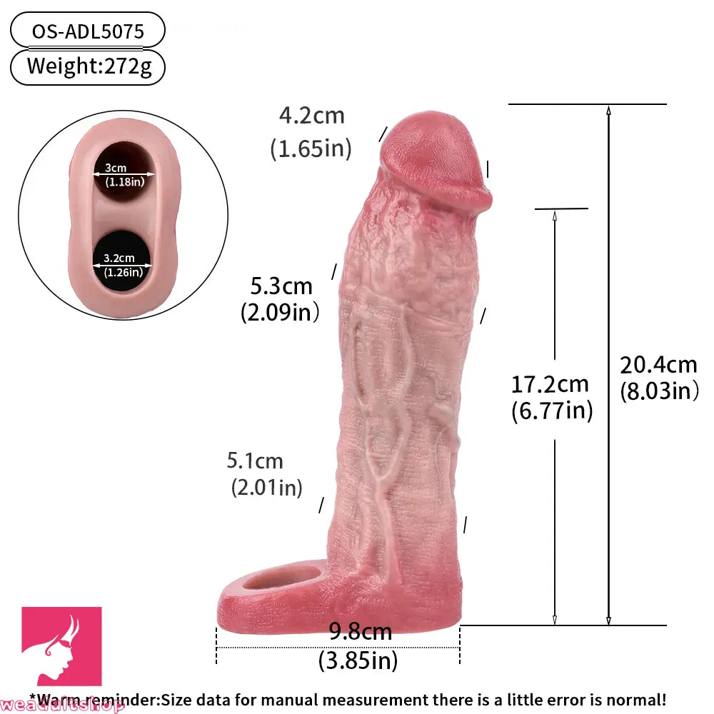 8.03in Realistic Blue Veins Hollow Dildo Cock Sleeve With Soft Penis Ring