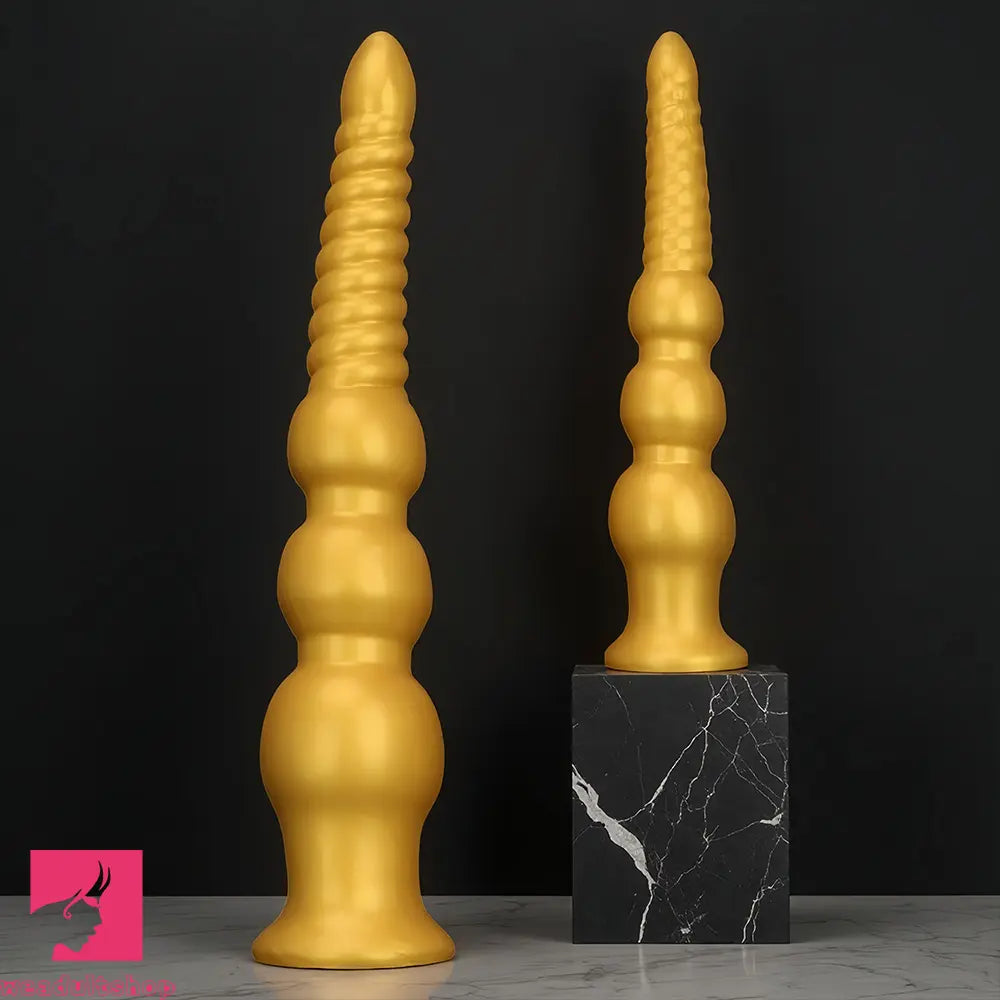 9.44in 13.38in Gold Silicone Pointed Thread Long Large Soft Cock Dildo