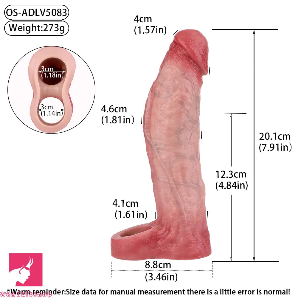 7.91in Realistic Penis Dildo Cock Sleeve Extender Vibrating Remote Cock Toy