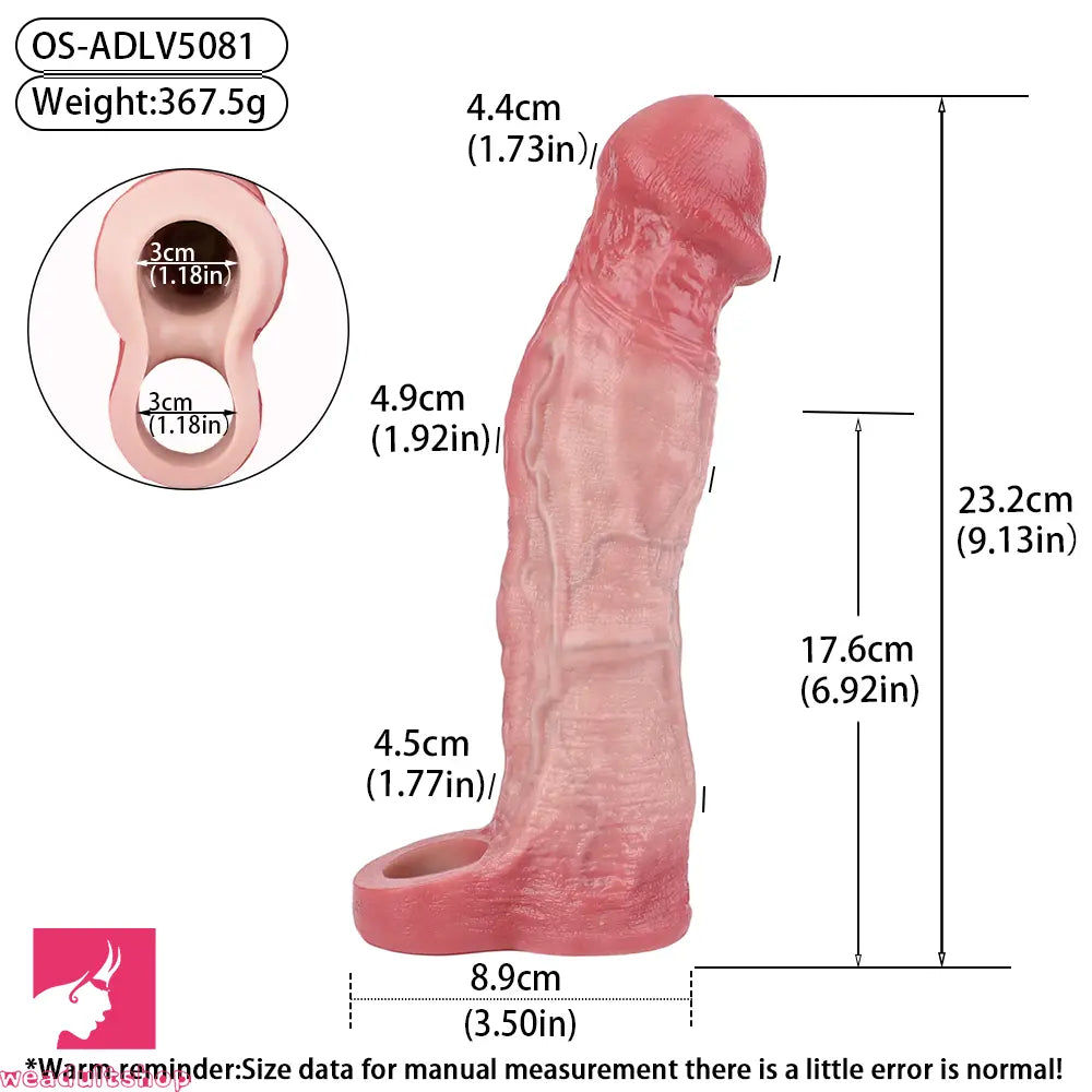 9.13in Realistic Penis Cock Dildo Big Sleeve Extender Vibrating Remote Tool