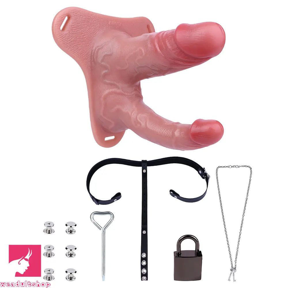 6.69in Strap on Double Sided Silicone Cock Cage Dildo For Chastity Toy