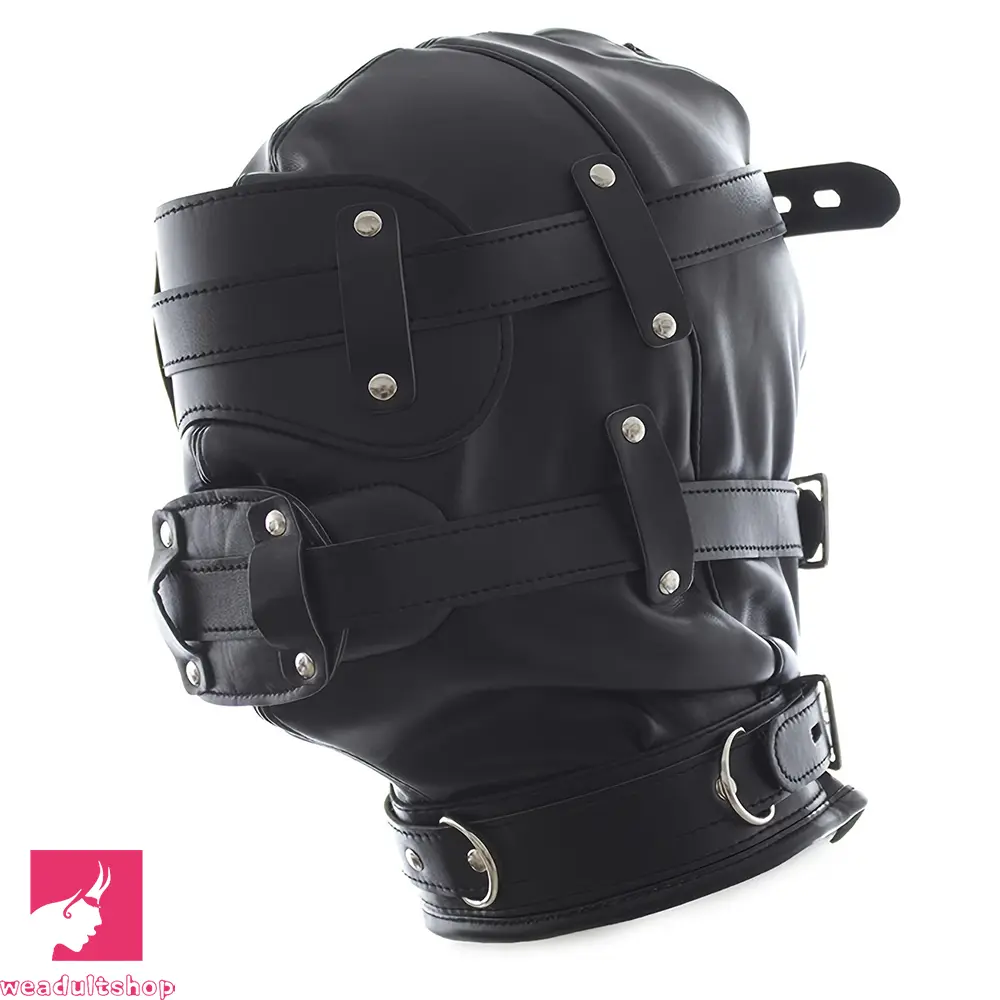 1.96in Black Leather BDSM Hood Removable Blindfold Mouth Gag Dildo