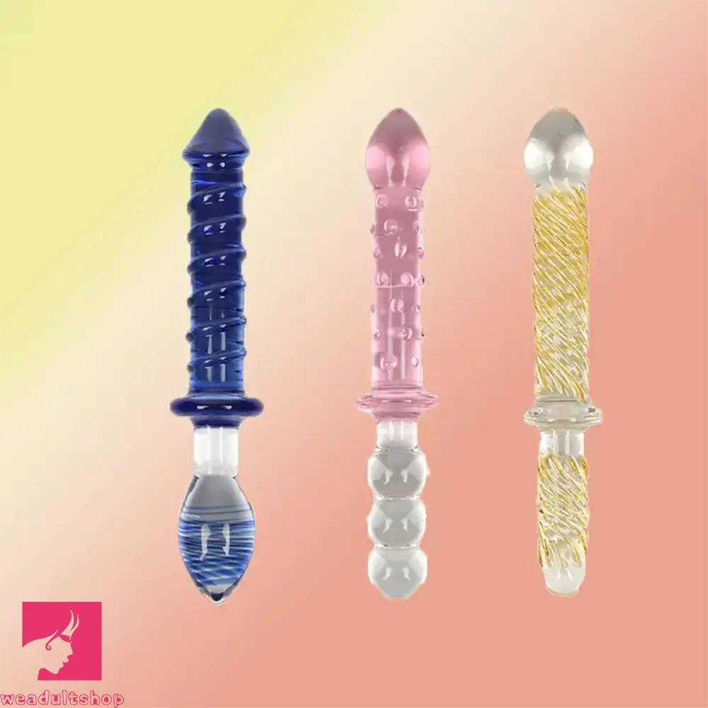 9in Female Pull Beads Anal Clit Threaded Double-head Glass Handle Dildo