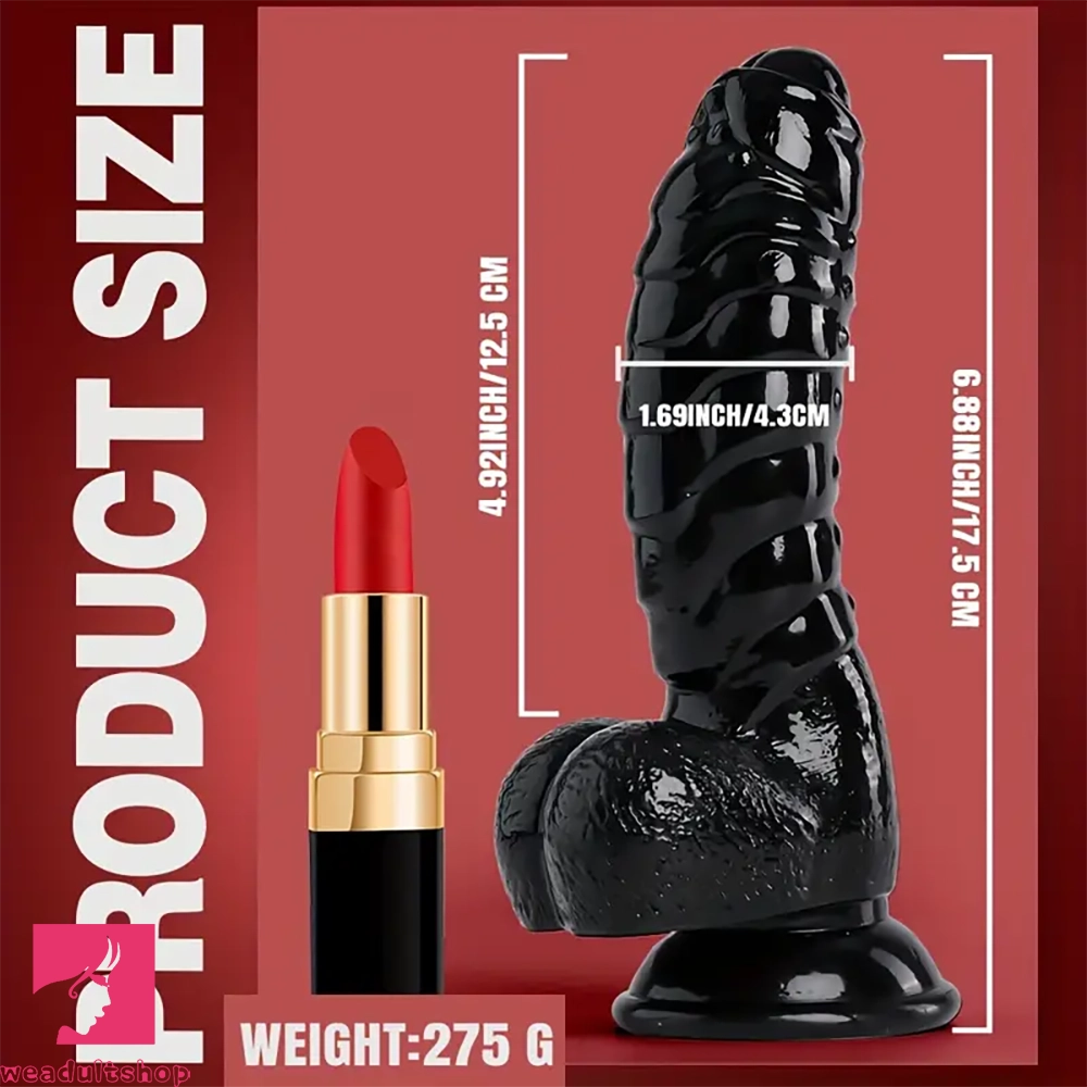 6.88in Glossy Black Monster Penis PVC Uncut Prostate Toy Wave Texture