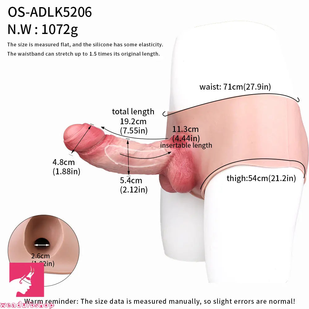 7.55in Wearable Silicone Uncut Dildo Pants Real Skin Hollow Penis Sleeve