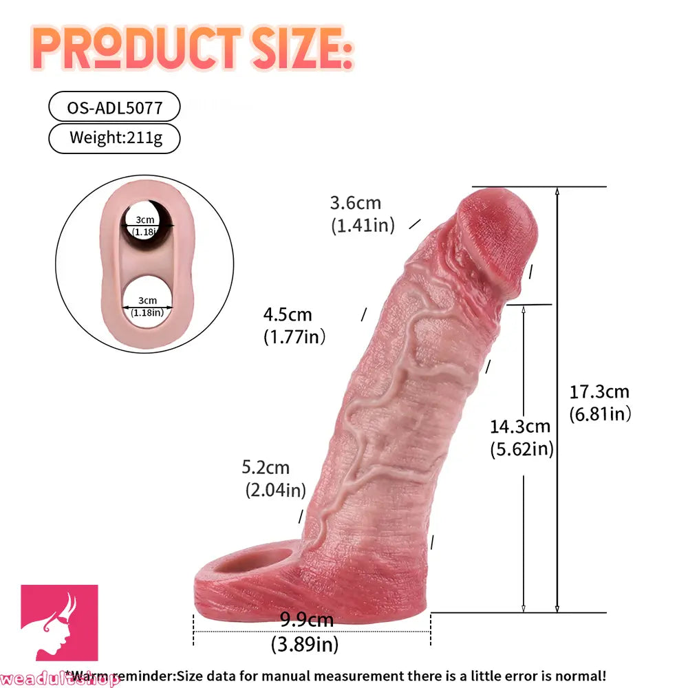 6.81in Real Skin Soft Blue Veins Hollow Dildo Cock Sleeve With Penis Ring