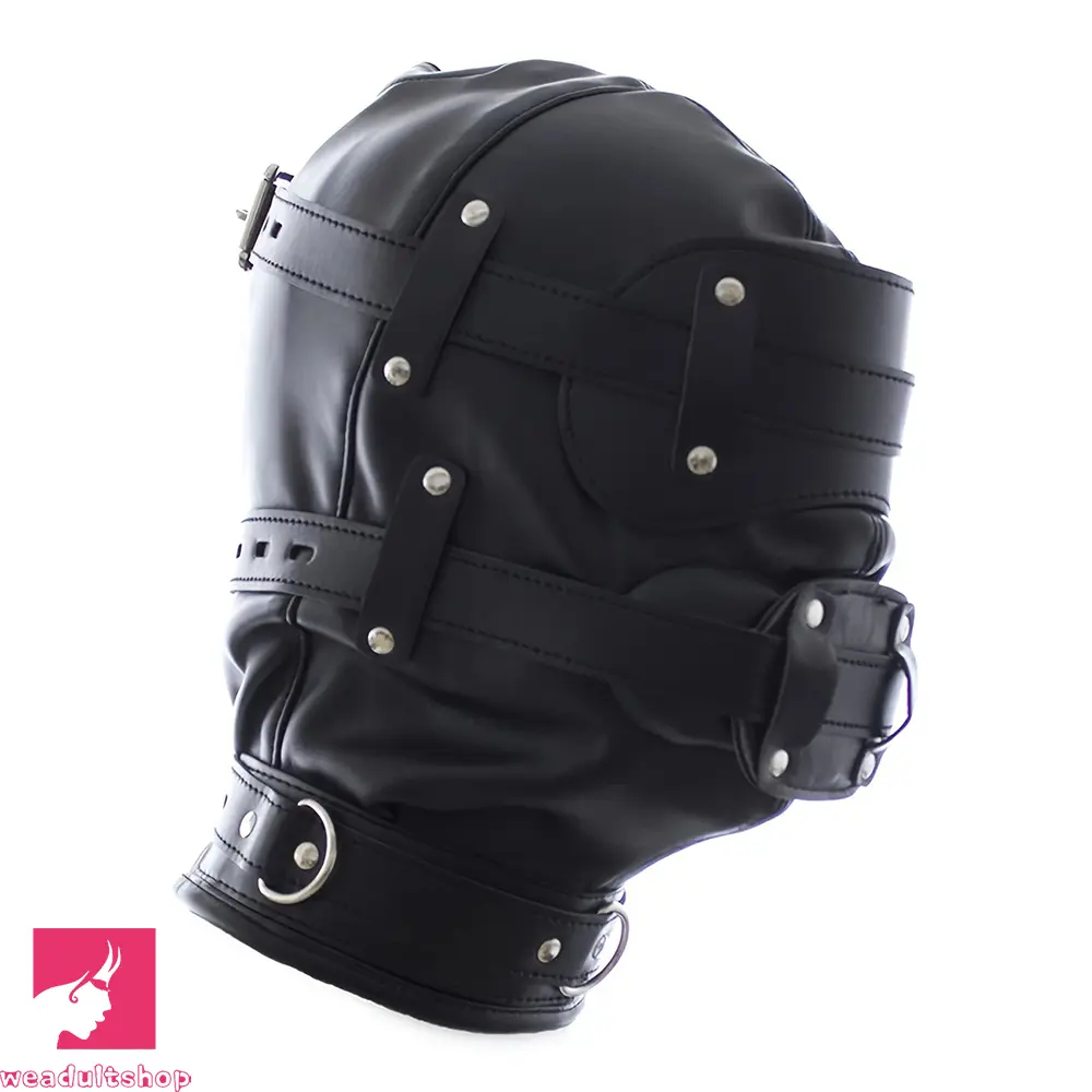 1.96in Black Leather BDSM Hood Removable Blindfold Mouth Gag Dildo