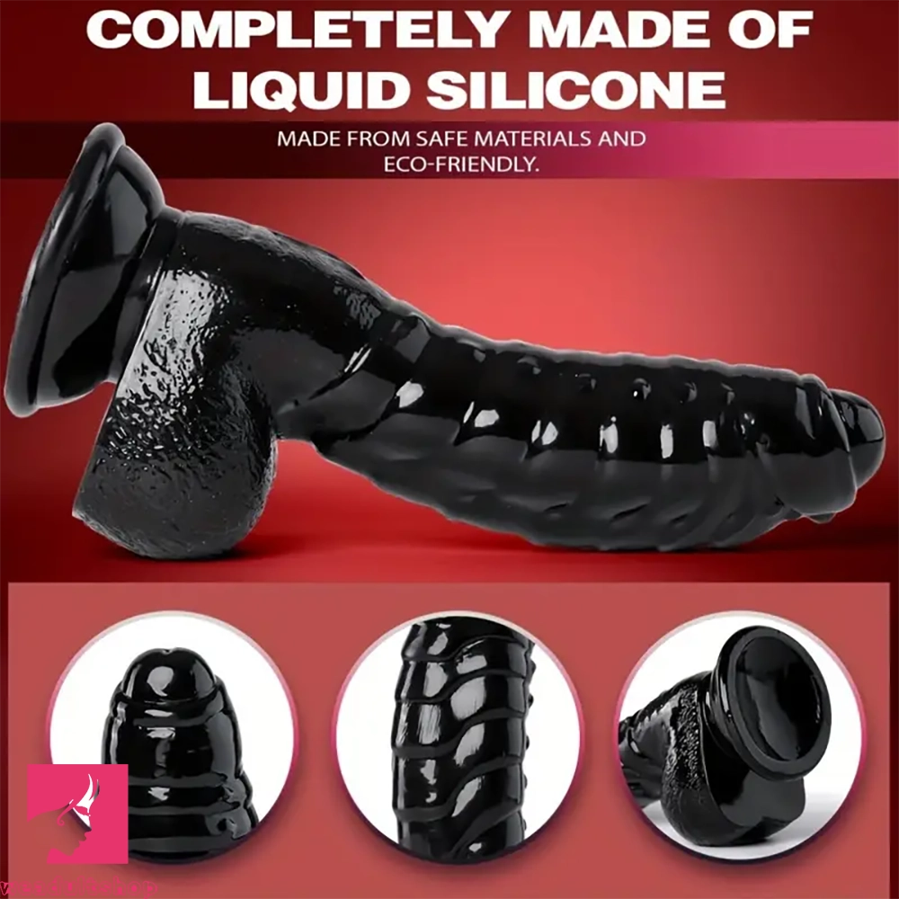 6.88in Glossy Black Monster Penis PVC Uncut Prostate Toy Wave Texture