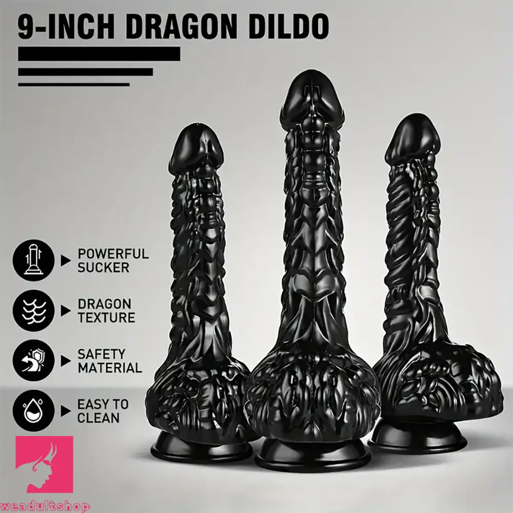 9in Dragon Big Black Fantasy Penis Scales Spiked PVC Cock Dildo