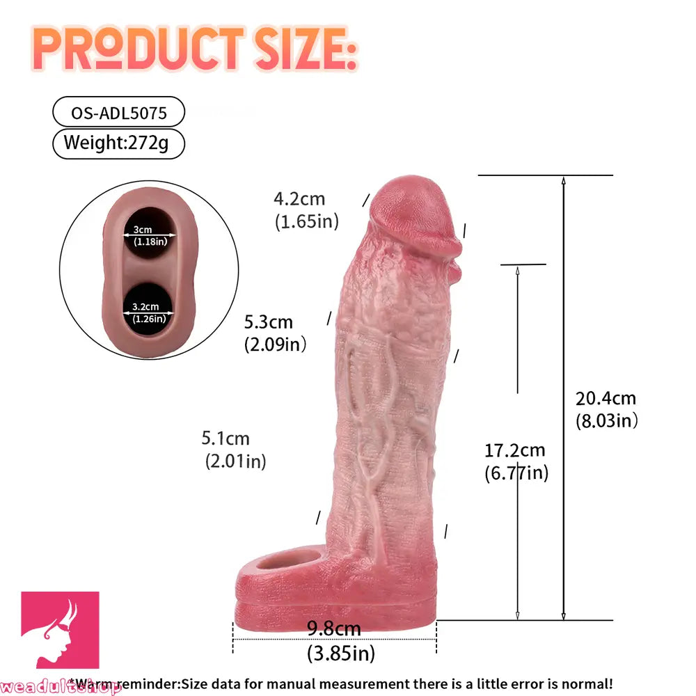 8.03in Realistic Blue Veins Hollow Dildo Cock Sleeve With Soft Penis Ring