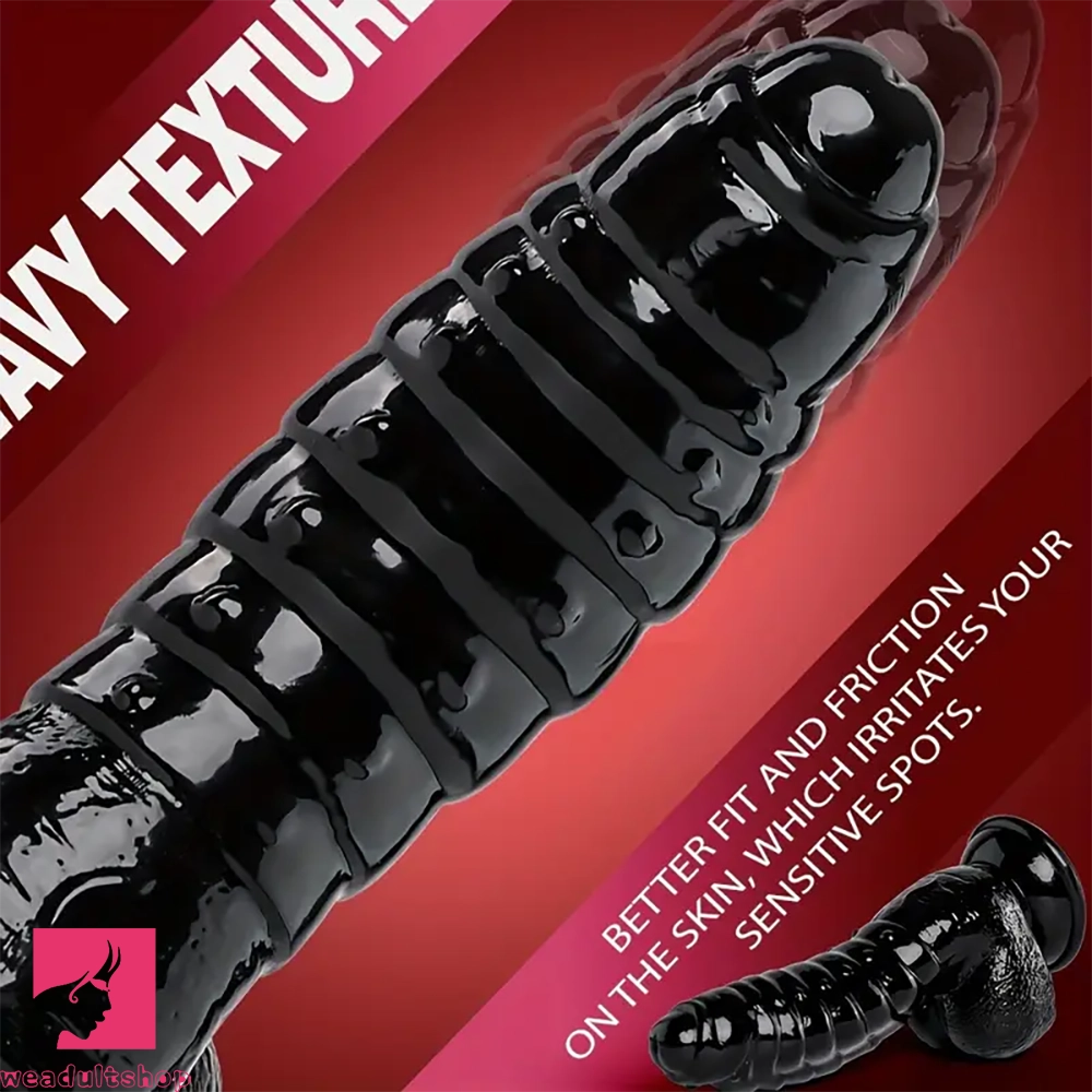 6.88in Glossy Black Monster Penis PVC Uncut Prostate Toy Wave Texture