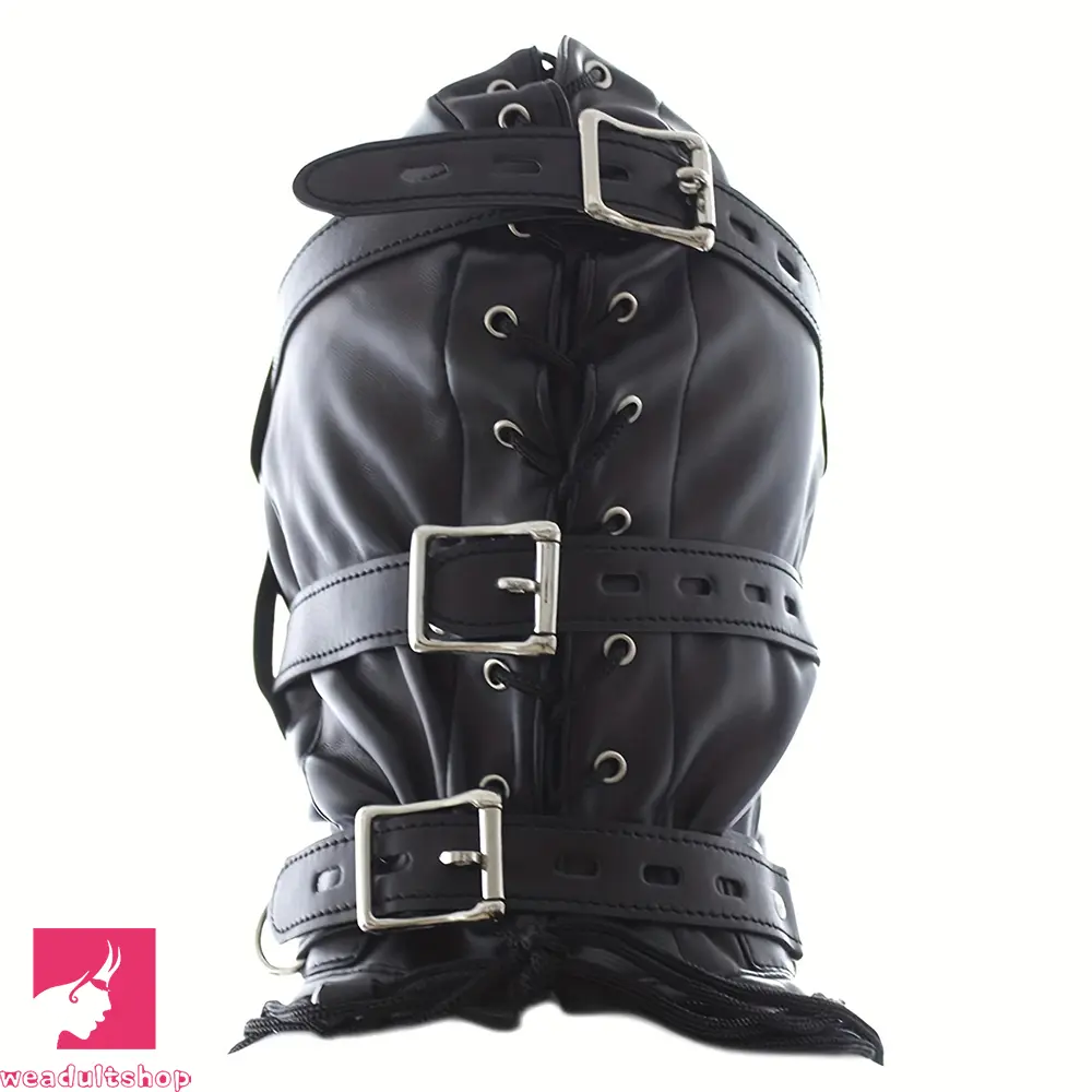 1.96in Black Leather BDSM Hood Removable Blindfold Mouth Gag Dildo