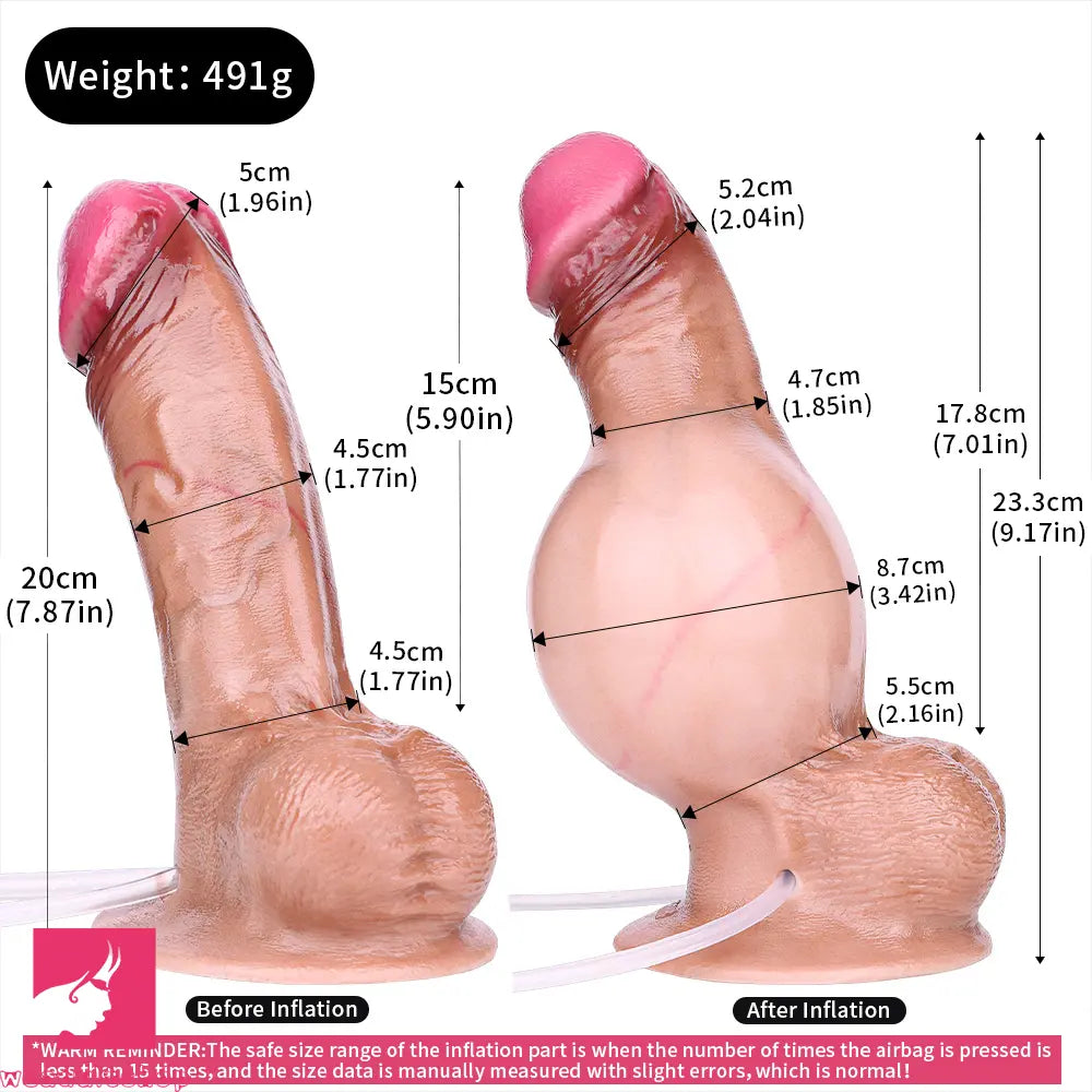 7.87in Inflatable Squirting Soft Silicone Woman Cock Dildo With Suction Cup