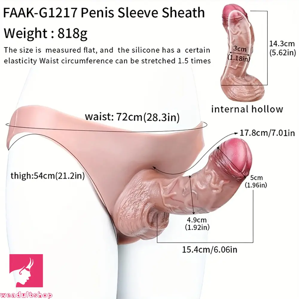 7.01in Pure Silicone Unique Glans Hollow Uncut Strap on Dildo Wear Cock Pant