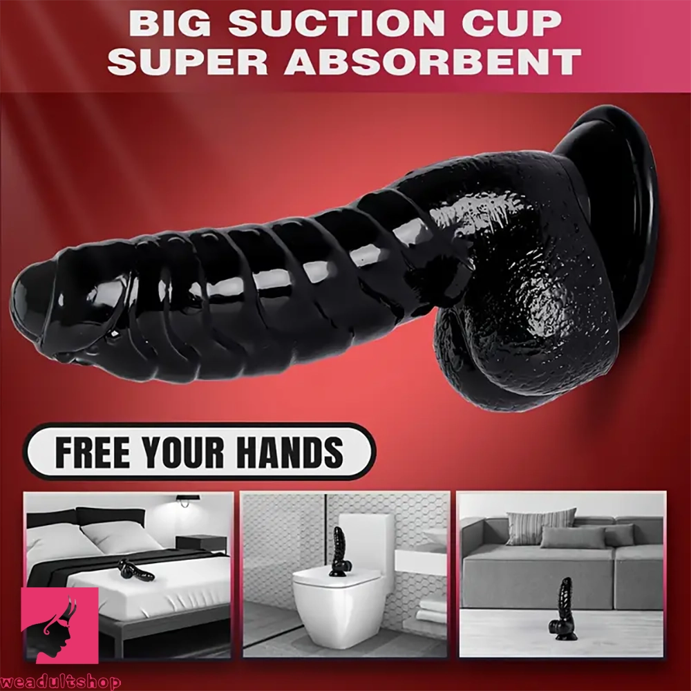 6.88in Glossy Black Monster Penis PVC Uncut Prostate Toy Wave Texture