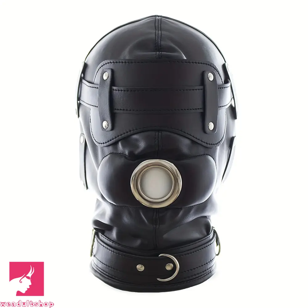 1.96in Black Leather BDSM Hood Removable Blindfold Mouth Gag Dildo