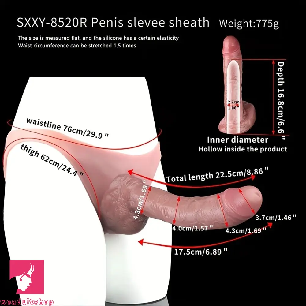 8.78in Unisex Pure Silicone Cock Skin-Friendly Stretchable Hollow Dildo Panty