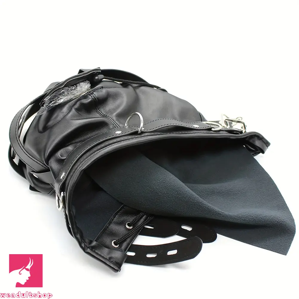 1.96in Black Leather BDSM Hood Removable Blindfold Mouth Gag Dildo