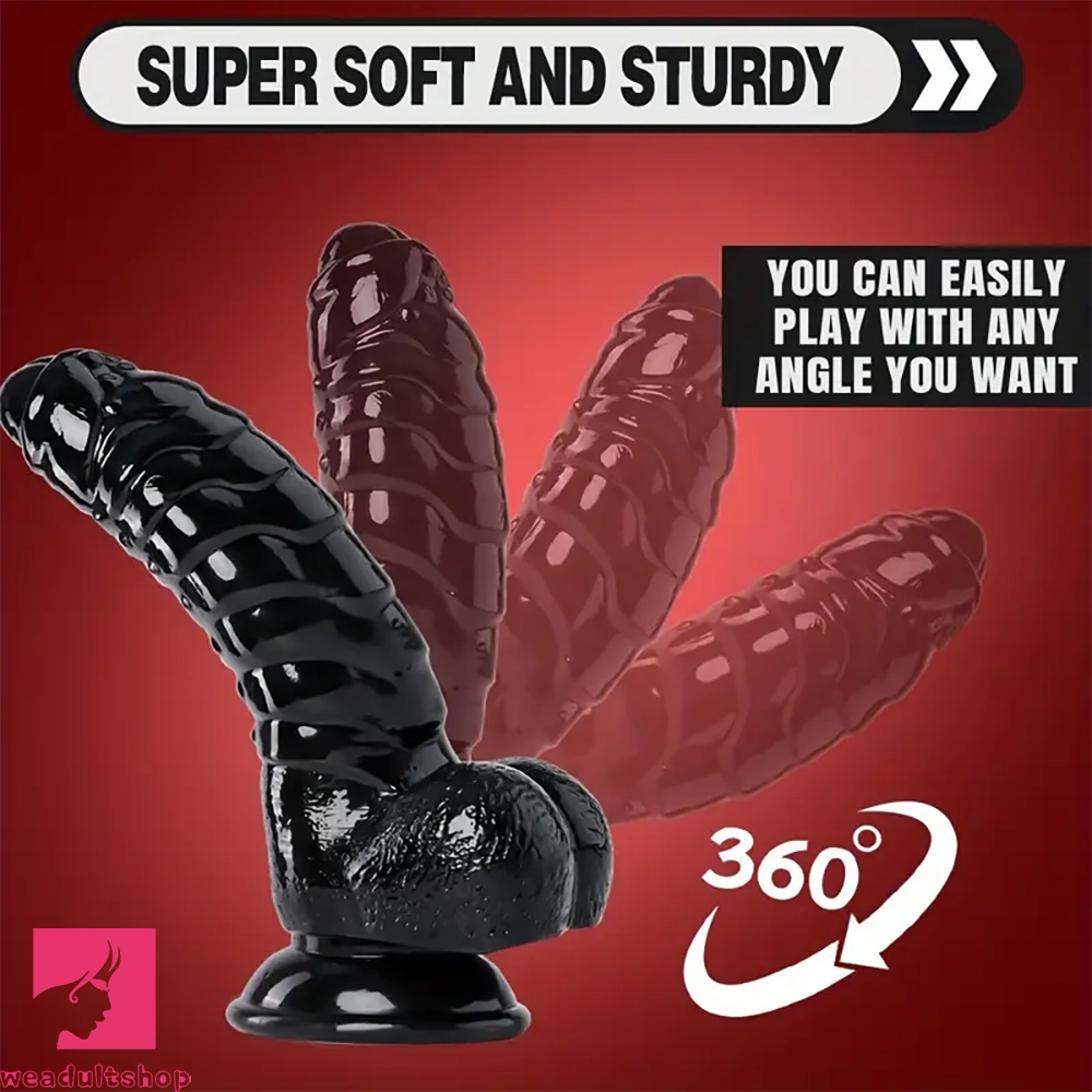 6.88in Glossy Black Monster Penis PVC Uncut Prostate Toy Wave Texture