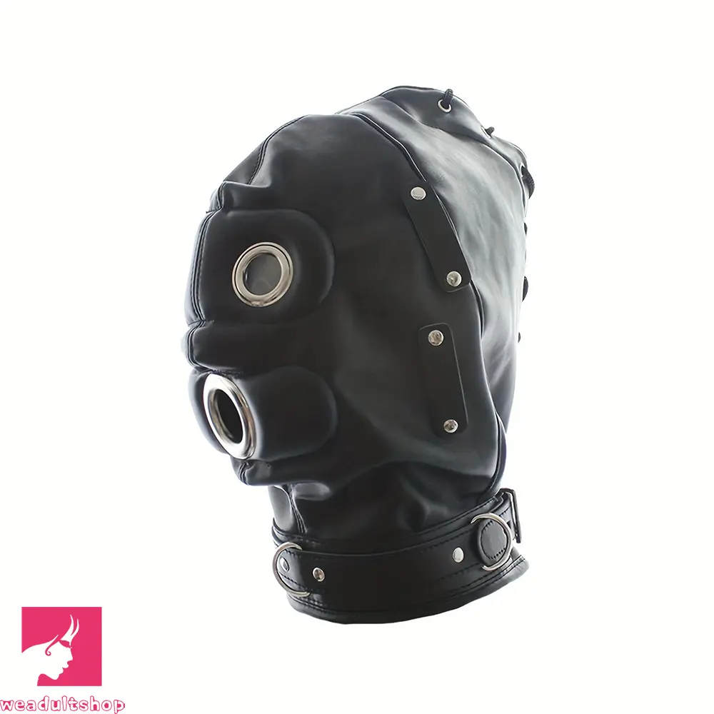 1.96in Black Leather BDSM Hood Removable Blindfold Mouth Gag Dildo