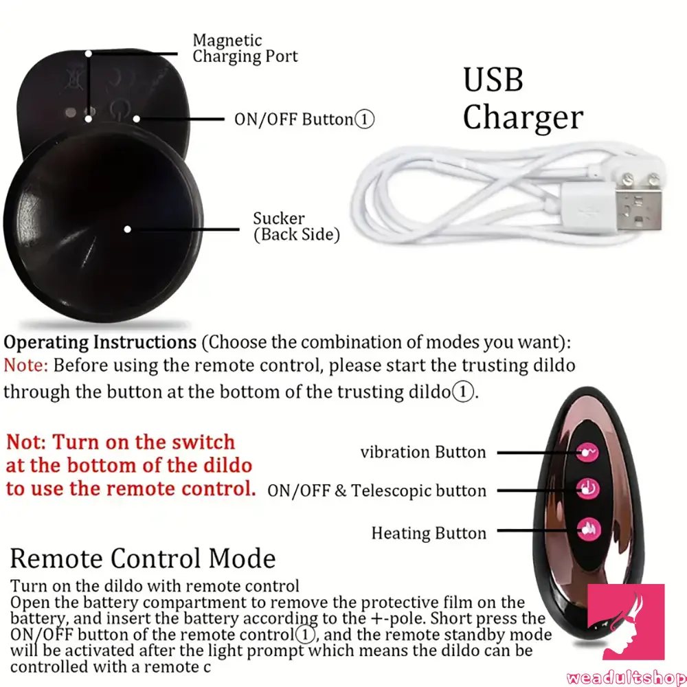 8.6in Soft Silicone Thrusting Vibrating Heating Remote Ebony Dildo