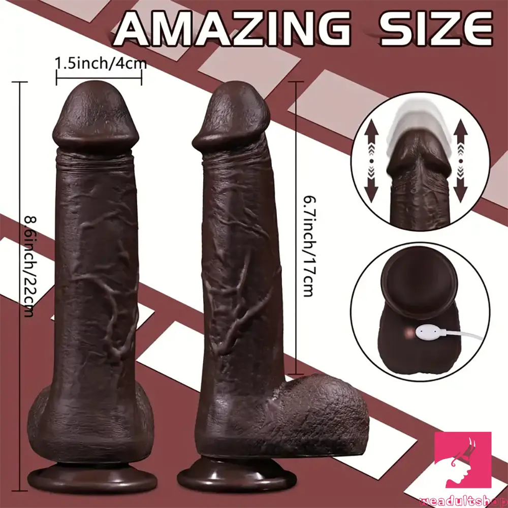 8.6in Soft Silicone Thrusting Vibrating Heating Remote Ebony Dildo