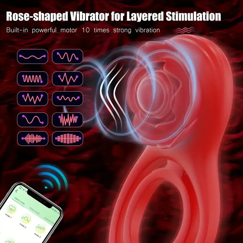 Rose Vibrating Penis Ring 10 Levels Intensity App Control Rose Sex Toy