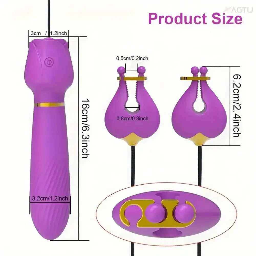 2in1 Nipple Clamps Vibration Rose Toy Dual-Peak Clamps Stimulator