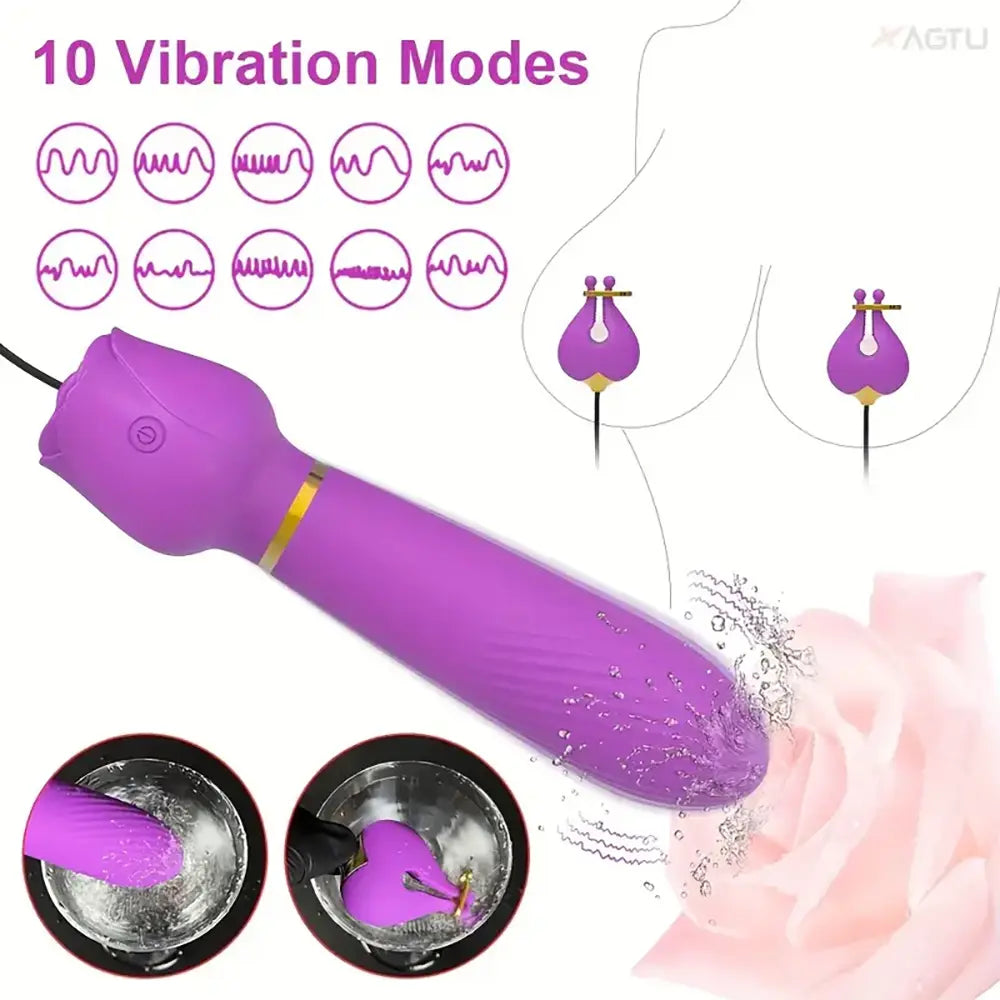 2in1 Nipple Clamps Vibration Rose Toy Dual-Peak Clamps Stimulator