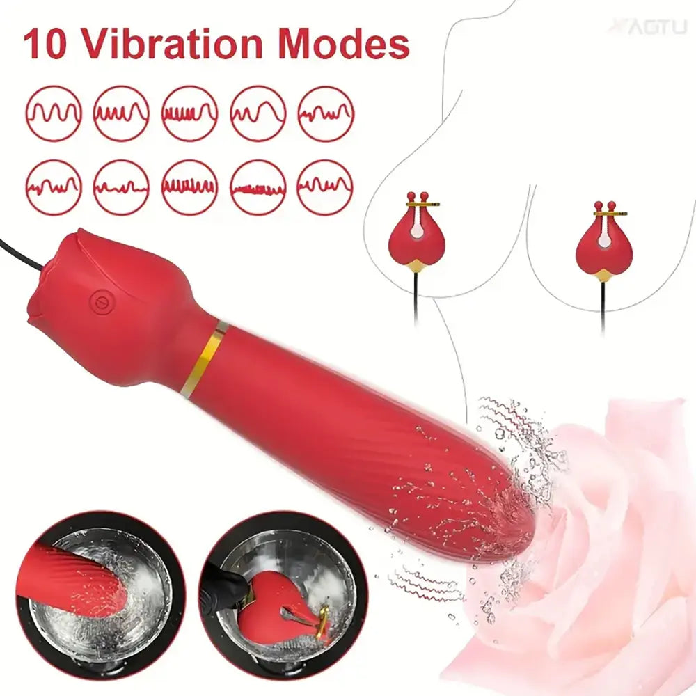 2in1 Nipple Clamps Vibration Rose Toy Dual-Peak Clamps Stimulator