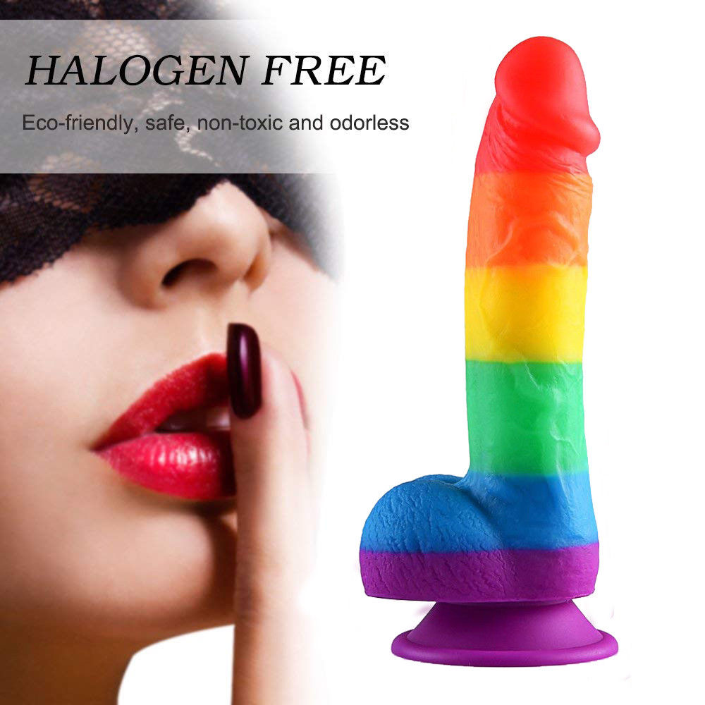 Rainbow Realistic Dildo Suction Cup G-spot Simulator Handheld Massager - Adult Toys