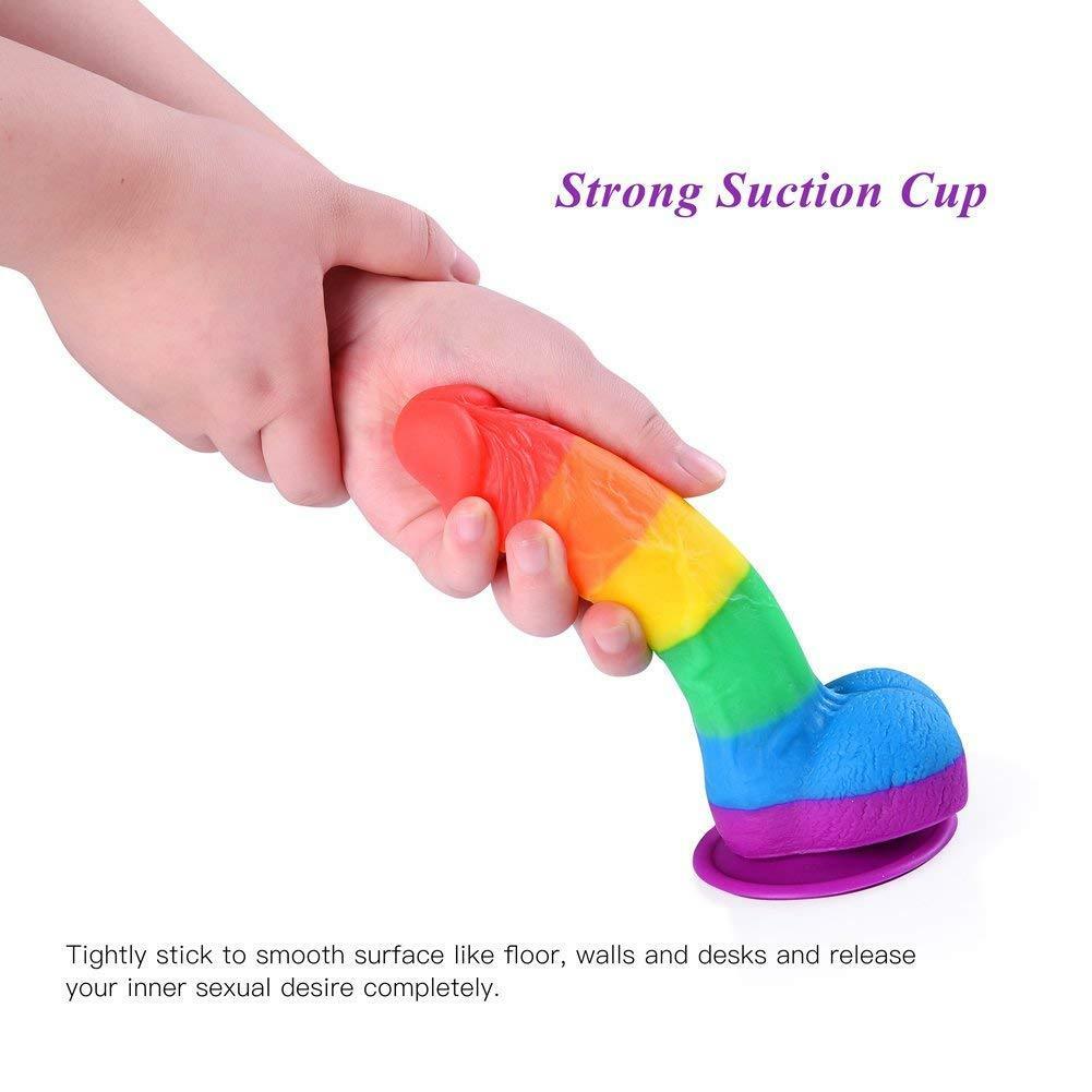 Rainbow Realistic Dildo Suction Cup G-spot Simulator Handheld Massager - Adult Toys