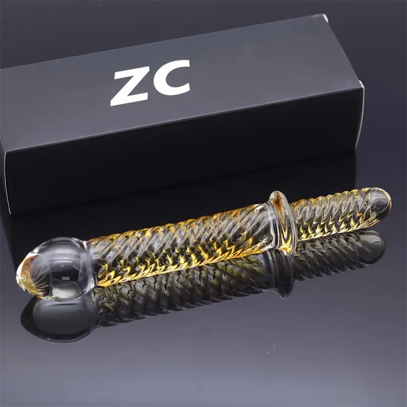 Golden Pattern Glass Dildo Handheld Anal Plug Sex Toy For Men