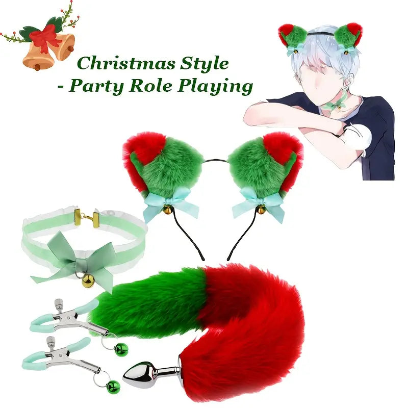 Christmas Style SM Roleplay Set Red Green Furry Ears Tai Anal Plug