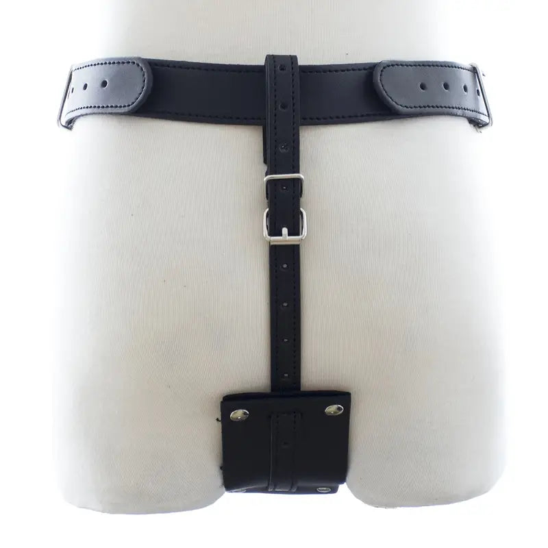 Faux Leather Chastity Pants Vibrating Anal Plug Adjustable Straps Metal Rings