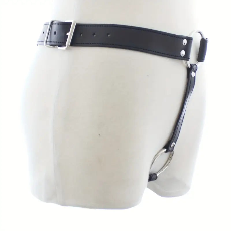 Faux Leather Chastity Pants Vibrating Anal Plug Adjustable Straps Metal Rings