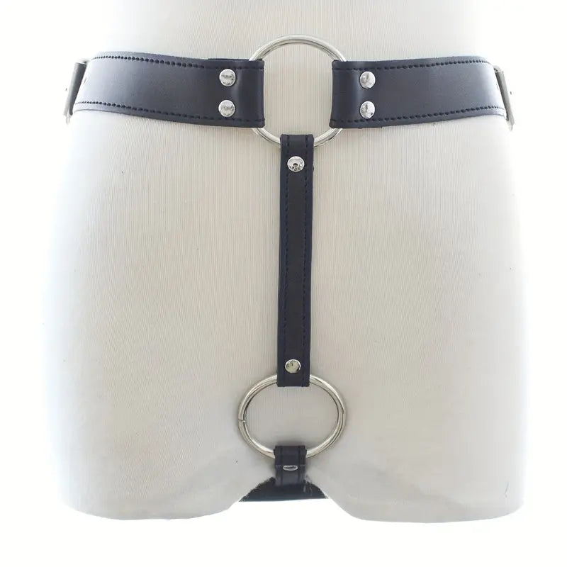 Faux Leather Chastity Pants Vibrating Anal Plug Adjustable Straps Metal Rings