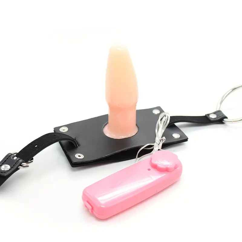 Faux Leather Chastity Pants Vibrating Anal Plug Adjustable Straps Metal Rings