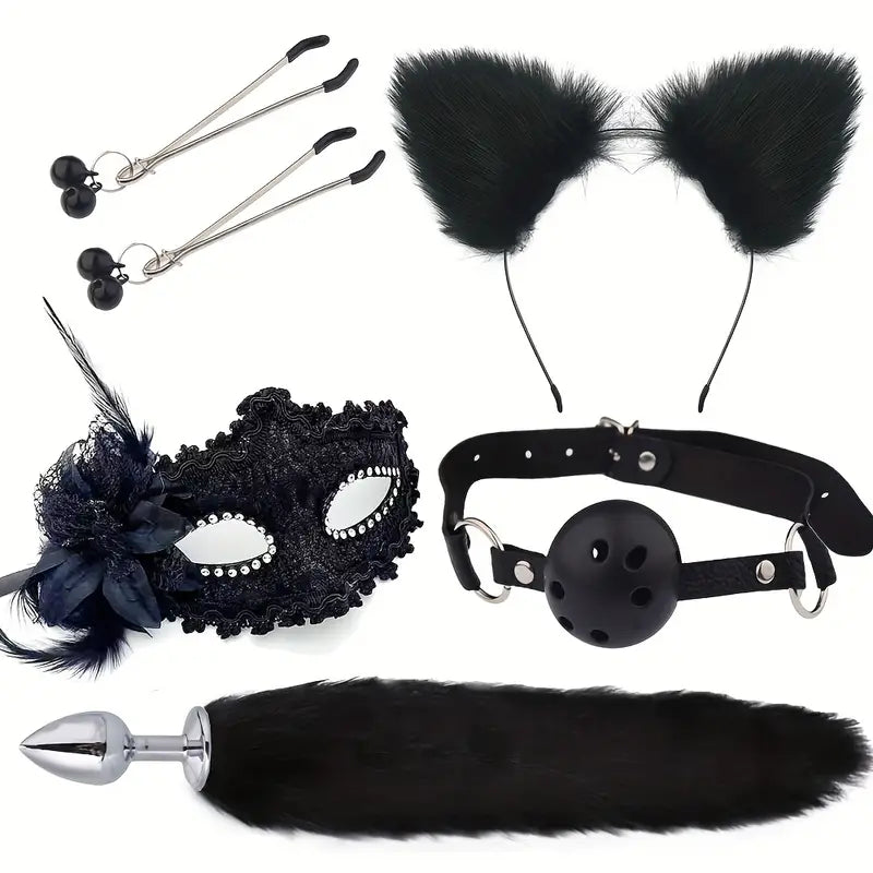 5pcs Coupling Fox Tail Role Playing Anal Plug Mask Ears Hairpin Posterior