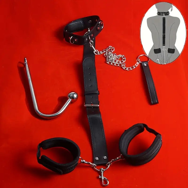 Leather Bondage Kit With Adjustable Collar Removable Handcuffs Anal Hook