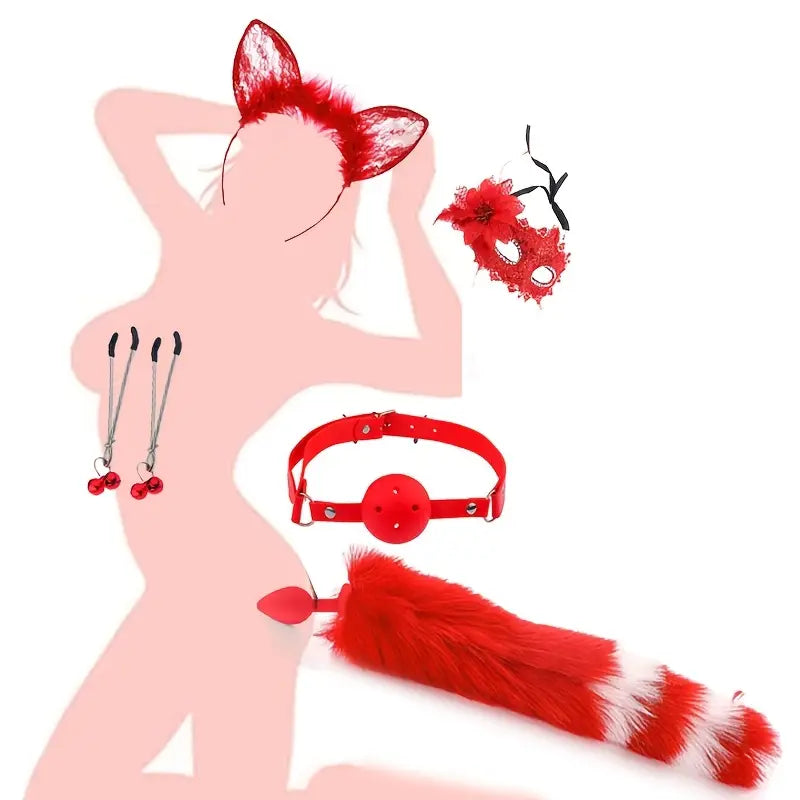 5pcs Coupling Fox Tail Role Playing Anal Plug Mask Ears Hairpin Posterior