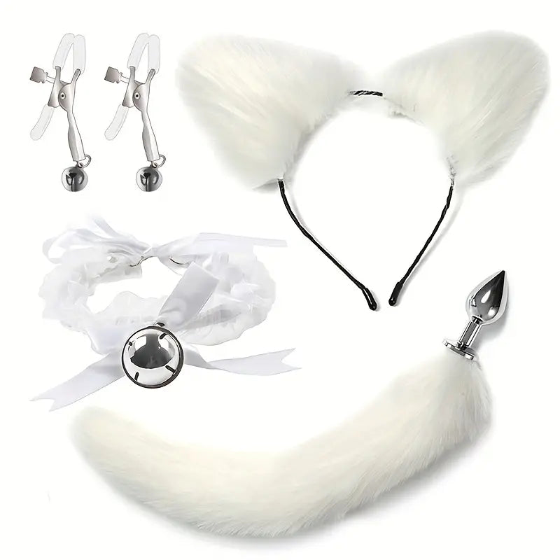 Cat Tail Anal Plug With Nipple Clamps Neck Collar BDSM Anal Sex Toy