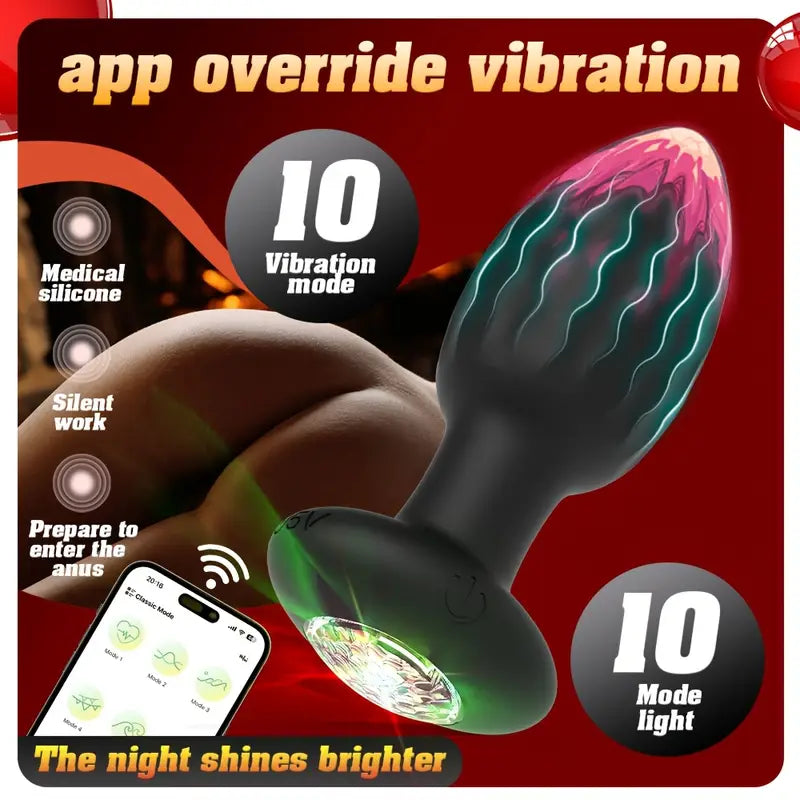 10 Modes Vibrating Butt Plug With Crystal Diamond Light Up Base APP Vibrator