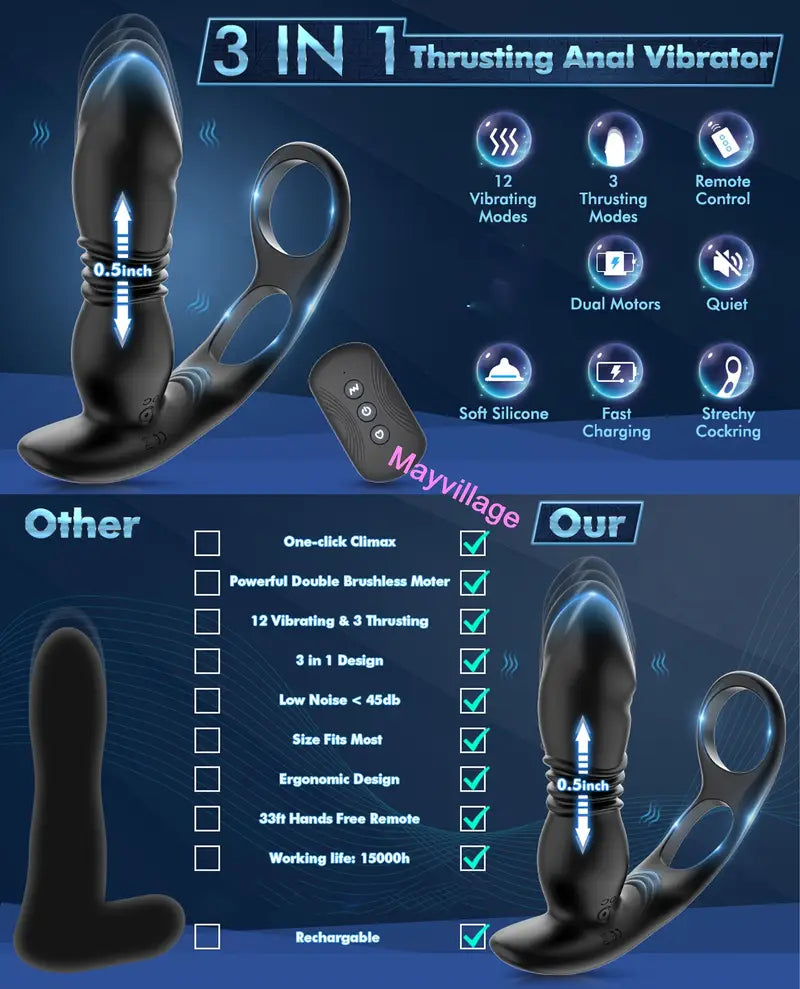 3 Thrusting Speeds 12 Vibration Modes Anal Butt Plug Dildo Massager