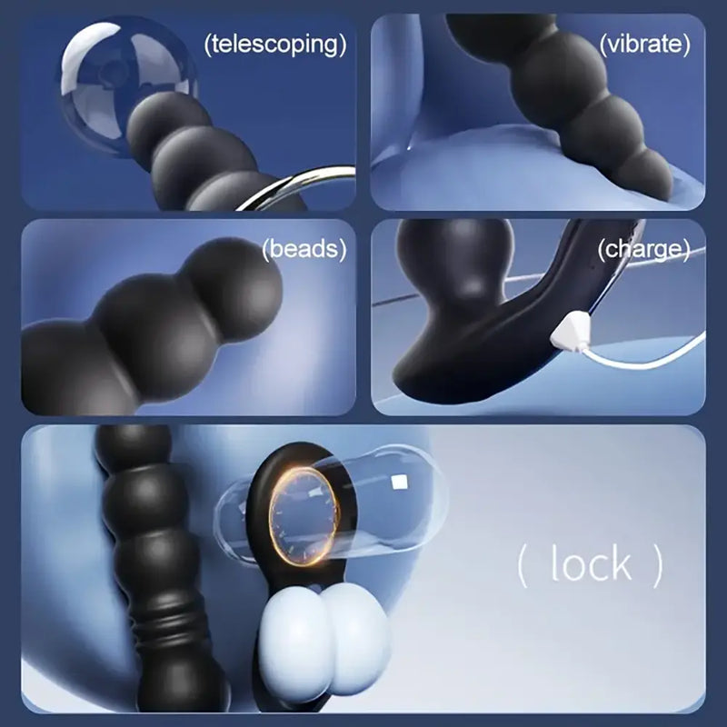 Vibrating Thrusting Anal Beads Butt Plug With Double Penis Rings