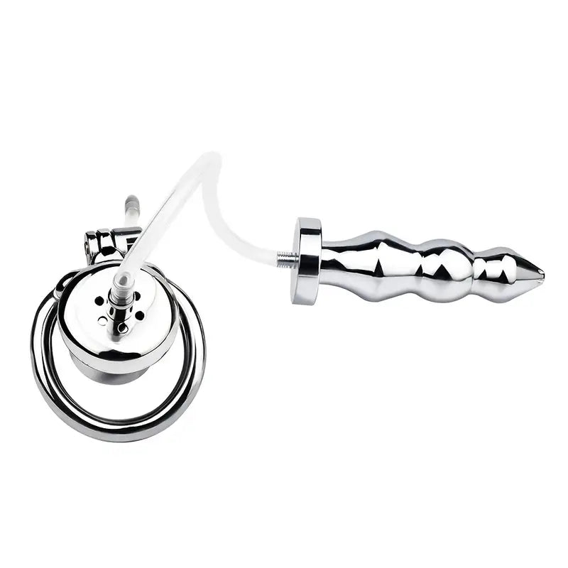 Stainless Steel Inverted Chastity Cage With Silicone Urethral Catheter Butt Plug